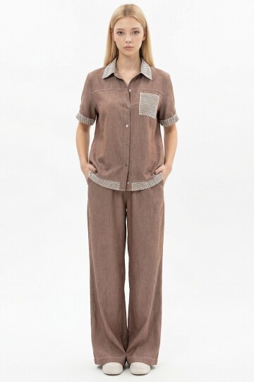 Kahverengi File Detaylı Tensel Kot Kumaş Gömlek Ve Pantolon Alt Üst Takım BCHN-2626109