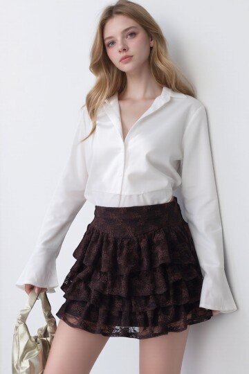 Kahverengi Gizli Fermuarlı Kat Kat Volanlı Astarlı Dantel Etek BCMM-261285