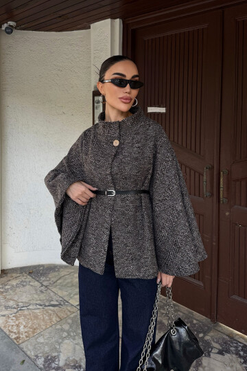 Kahverengi Kemer Detaylı Kaşe Pelerin Kaban BCHNV-251224