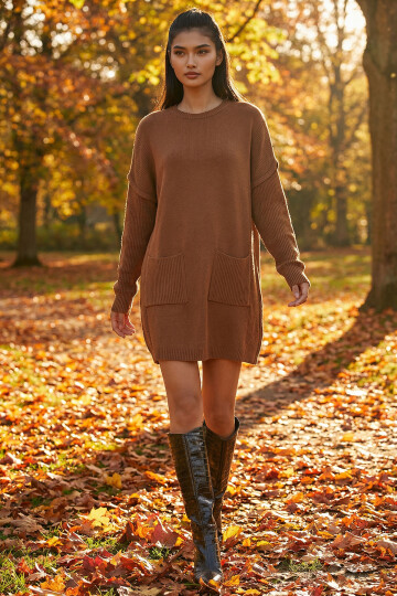 Kahverengi Ribanalı Bisiklet Yaka Mini Triko Elbise BCHPK-251239