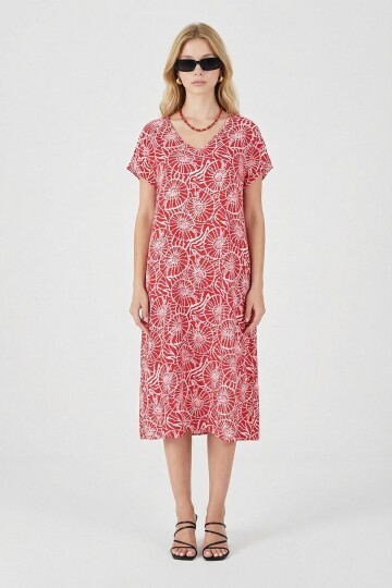 Kırmızı Derin V Yaka Kısa Kollu Çizgi Desenli Midi Boy Elbise