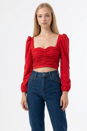 Kırmızı Kare Yaka Önü Drapeli Prenses Kol Crop Bluz