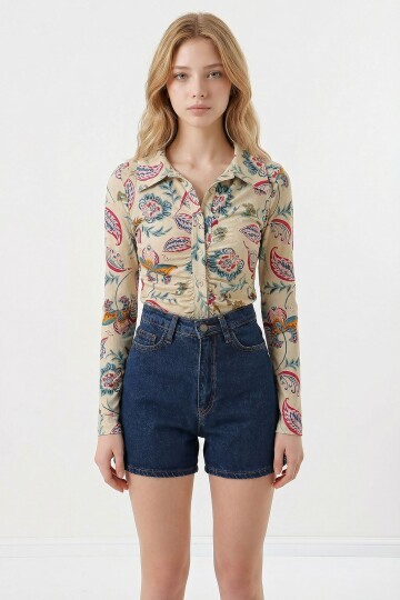 Koyu Mavi Duble Paça Yüksek Bel Denim Şort