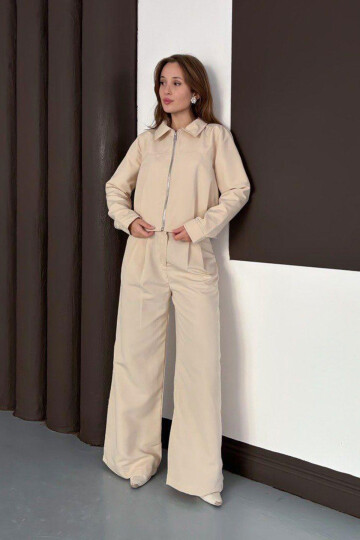 Krem Fermuarlı Ceket Ve Pileli Pantolon Dokuma Alt Üst Takım BCHN-254003