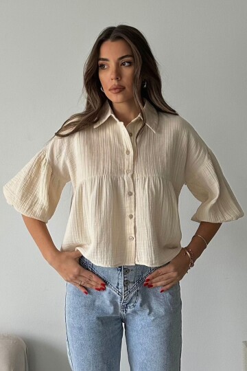 Krem Kısa Kol Müslin Kumaş Premium Gömlek BCRU-261292