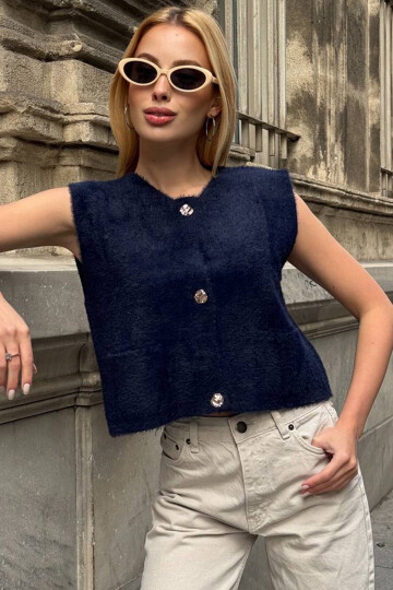 Lacivert Çift Cepli Gold Düğmeli Yumoş Yelek Bluz BCHZCK-251262