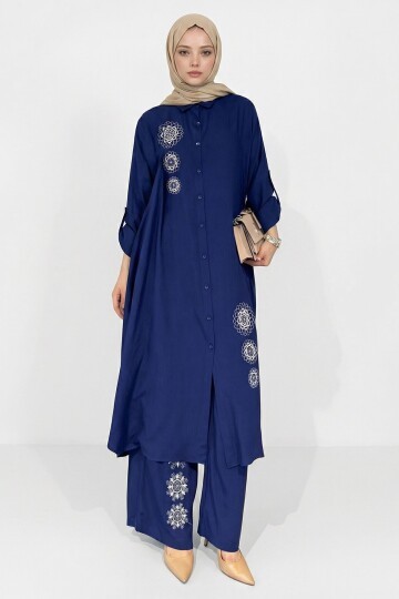 Lacivert Nakışlı Viskon Kumaş Tesettür Alt Üst Takım 