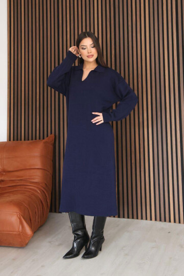 Lacivert Polo Yaka Midi Boy Triko Elbise BCES-253018