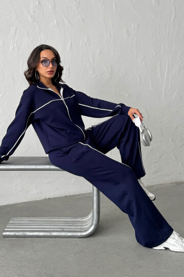 Lacivert Yumuşak Dokulu Biyeli Palazzo Pantolon Ve Fermuarlı Sweatshirt Takım BCHN-25261024