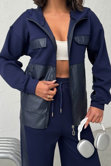 Lacivert Yumuşak Dokulu Garnili Kapüşonlu Sweatshirt Ve Pantolon Alt Üst Takım