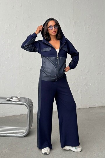 Lacivert Yumuşak Dokulu Garnili Kapüşonlu Sweatshirt Ve Pantolon Alt Üst Takım