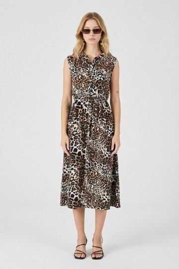 Leopar Çentik Yaka Düğmeli Desenli Kolsuz Midi Elbise