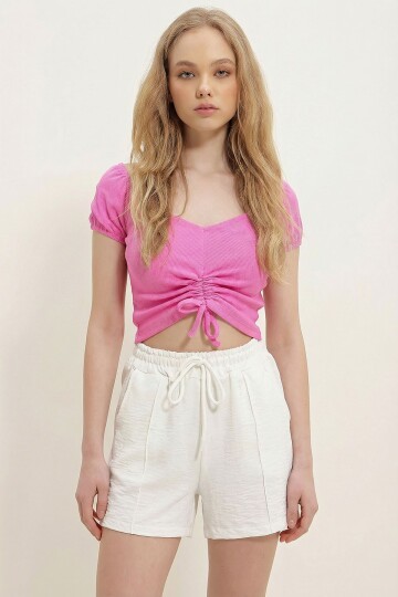 Lila V Yaka Büzgülü Kısa Kol Crop Bluz