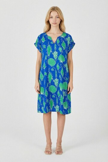Mavi Deniz Kabuğu Desenli V Yaka Oversize Elbise