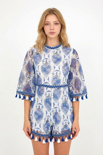 Mavi Dik Yaka Sırt Dekolteli İçi Astarlı Püskül Detaylı Tül Tulum