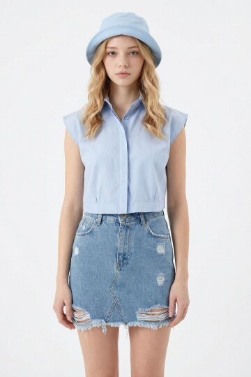 Mavi Kolsuz Yazlık Poplin Dokuma Gömlek