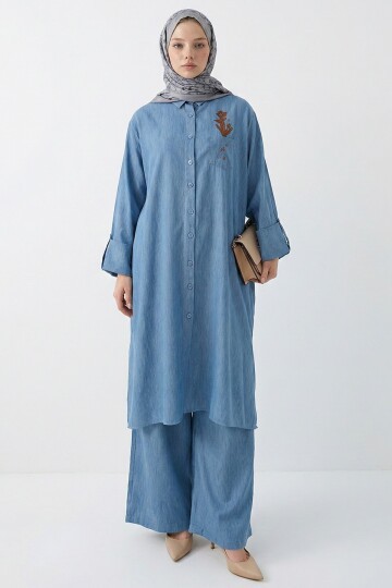 Mavi Nakış Detaylı Tensel Tesettür Alt Üst Takım
