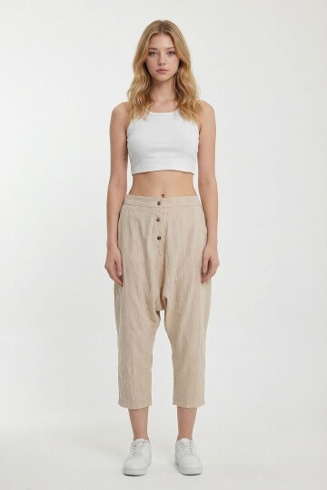 Maxi Boy Bej Çift Cepli Düğme Detaylı Düşük Ağ Şalvar Pantolon BCVL-245326