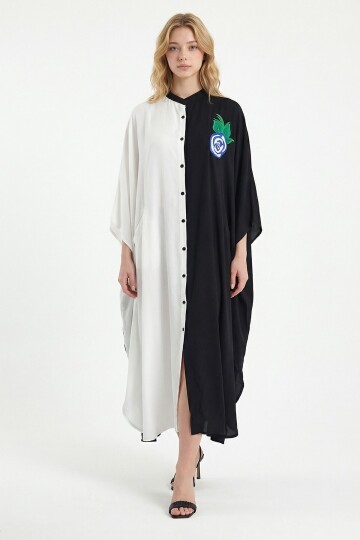 Beyaz Nakış İşlemeli Maxi Boy Dokuma Viscon Elbise