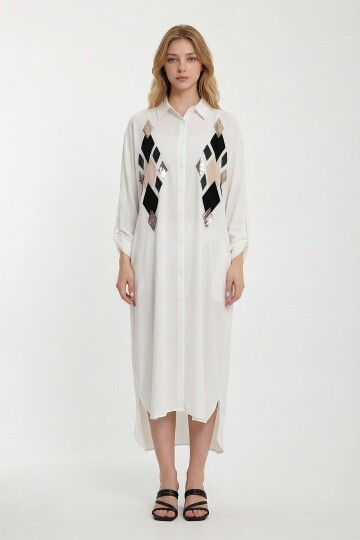 Beyaz Payet İşlemeli Uzun Boy Dokuma Gömlek Elbise