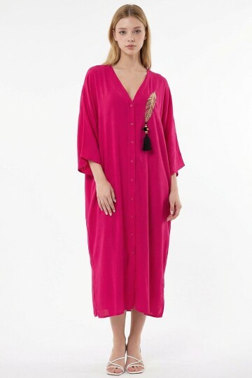 Fuşya Nakış İşlemeli Maxi Boy Dokuma Viscon Elbise