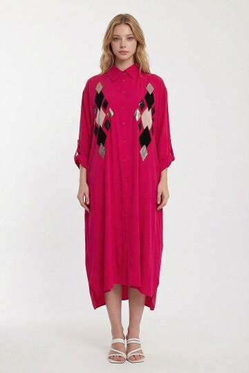 Fuşya Payet İşlemeli Uzun Boy Dokuma Gömlek Elbise