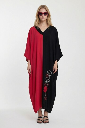 Fuşya V Yaka Nakış İşlemeli Renk Bloklu Uzun Boy Gömlek Elbise