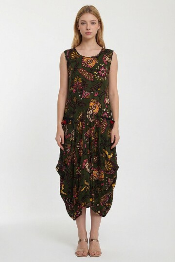 Haki Bisiklet Yaka Çift Cepli Sıfır Kol Çiçek Desenli Rahat Kalıp Elbise