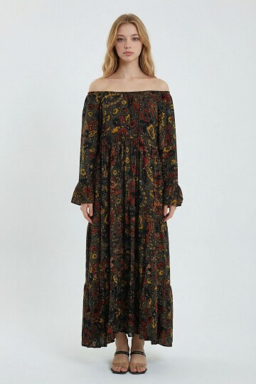 Haki Düşük Omuz Lastikli Desenli Rahat Kesim Uzun Boy Dokuma Elbise