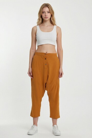 Maxi Boy Hardal Çift Cepli Düğme Detaylı Düşük Ağ Şalvar Pantolon BCVL-245326