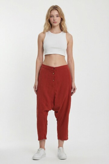 Kiremit Çift Cepli Düğme Detaylı Düşük Ağ Şalvar Pantolon