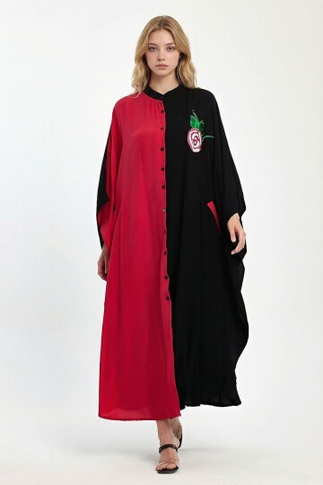 Kırmızı Nakış İşlemeli Maxi Boy Dokuma Viscon Elbise