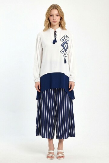 Lacivert Renk Bloklu Çizgili Pantolon Ve Uzun Tunik Alt Üst Takım