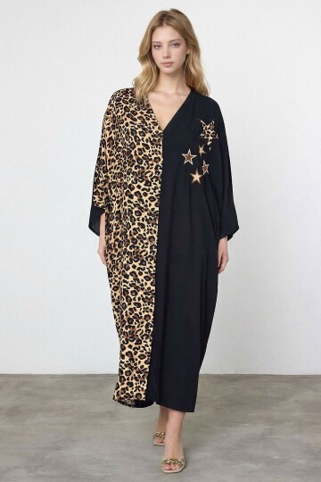 Leopar Nakış İşlemeli Maxi Boy Dokuma Viscon Elbise