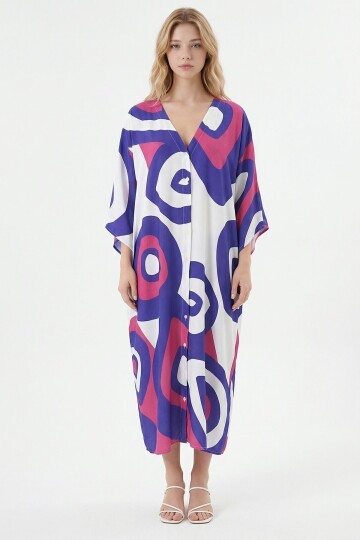 Mor Baskılı Maxi Boy Dokuma Viscon Elbise