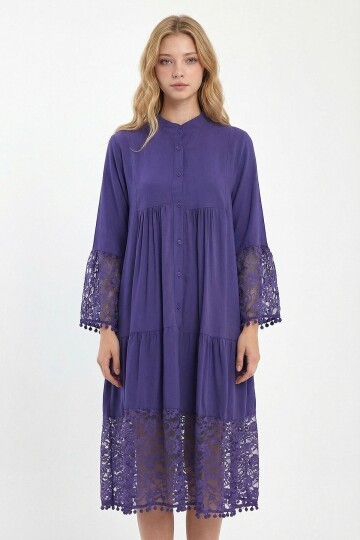 Mor Tül Detaylı Uzun Boy Dokuma Viscon Elbise