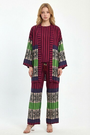 Mürdüm Baskılı Kimono Ve Pantolon Dokuma Viscon Alt Üst Takım
