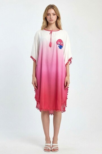 Pembe Nakış İşlemeli Püsküllü Dokuma Viscon Elbise