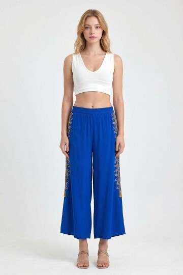 Maxi Boy Saks Nakış İşlemeli Rahat Kalıp Şalvar Pantolon BCVL-25929