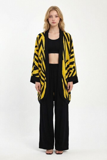 Sarı Baskılı Kimono Ve Pantolon Dokuma Viscon Alt Üst Takım