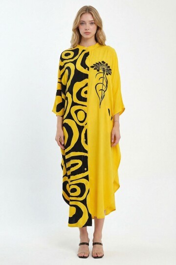 Sarı Nakış İşlemeli Maxi Boy Dokuma Viscon Elbise