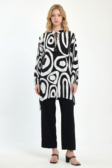Siyah Beyaz Geometrik Desenli Pantolon Ve Uzun Tunik Alt Üst Takım