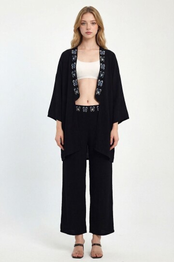 Siyah Mavi Nakış İşlemeli Ceket Ve Pantolon Dokuma Viscon Alt Üst Takım