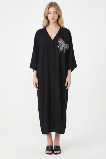 Siyah Nakış İşlemeli Maxi Boy Dokuma Viscon Elbise