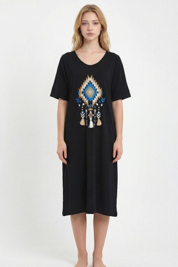 Siyah Nakış İşlemeli Örme Viscon Elbise