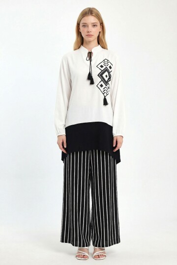 Siyah Renk Bloklu Çizgili Pantolon Ve Uzun Tunik Alt Üst Takım