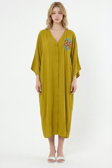 Yağ Yeşili Nakış İşlemeli Maxi Boy Dokuma Viscon Elbise