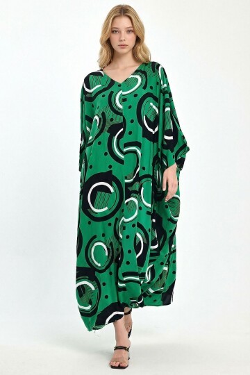 Yeşil Baskılı Maxi Boy Dokuma Viscon Elbise