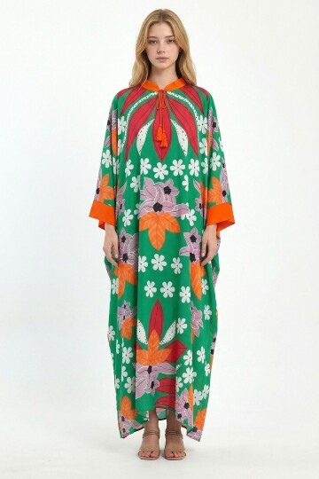 Yeşil Baskılı Maxi Boy Dokuma Viscon Elbise