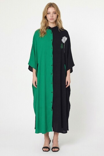 Yeşil Nakış İşlemeli Maxi Boy Dokuma Viscon Elbise